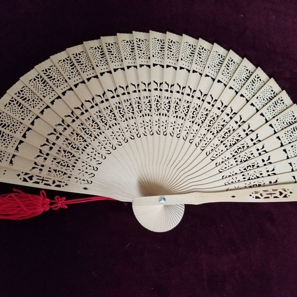 Vintage Chinese Accessories - Vintage Sandlewood Intricate carved Fan - Red Tass